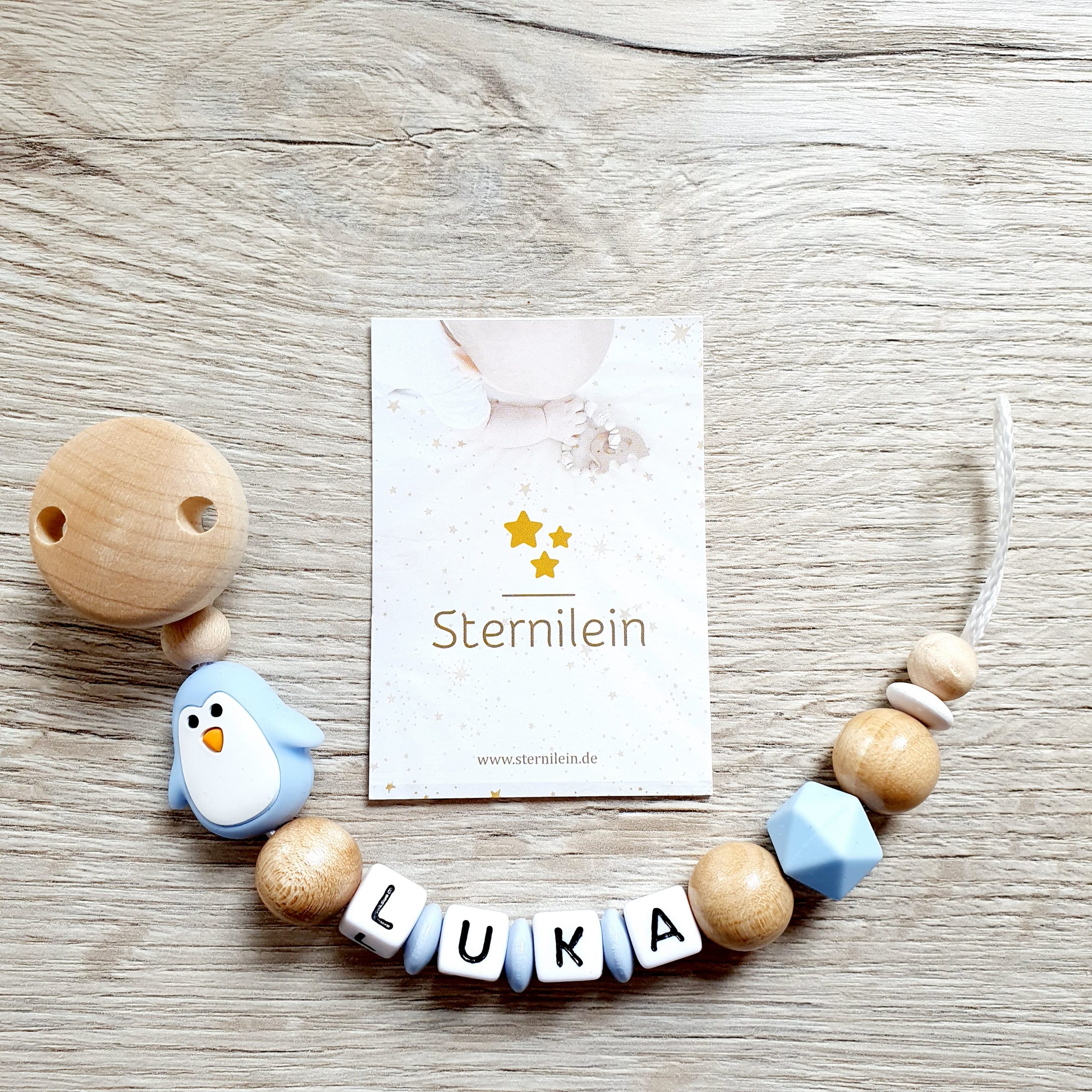 Schnullerkette mit Namen Pinguin Mein Sternchen Born 2018 2019 Junge Mädchen 